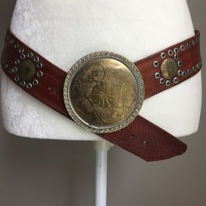 Wide brown decorative leather belt metal buckle